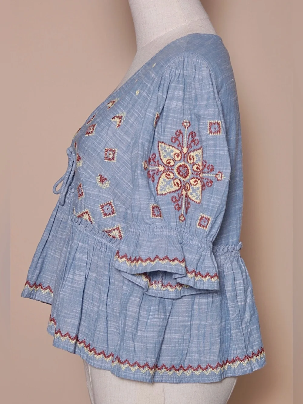 Blue Embroidered Boho Tie Front Peplum Blouse Flutter Sleeve